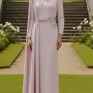 Bateau Neck Embroidered Gown with Cape