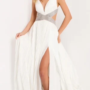 Pleated V-Neck Beaded Waist Gown