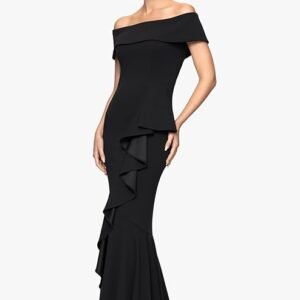 Women's Long Off Shoulder Cascade Ruffle Stetch Scuba Crepe Gown